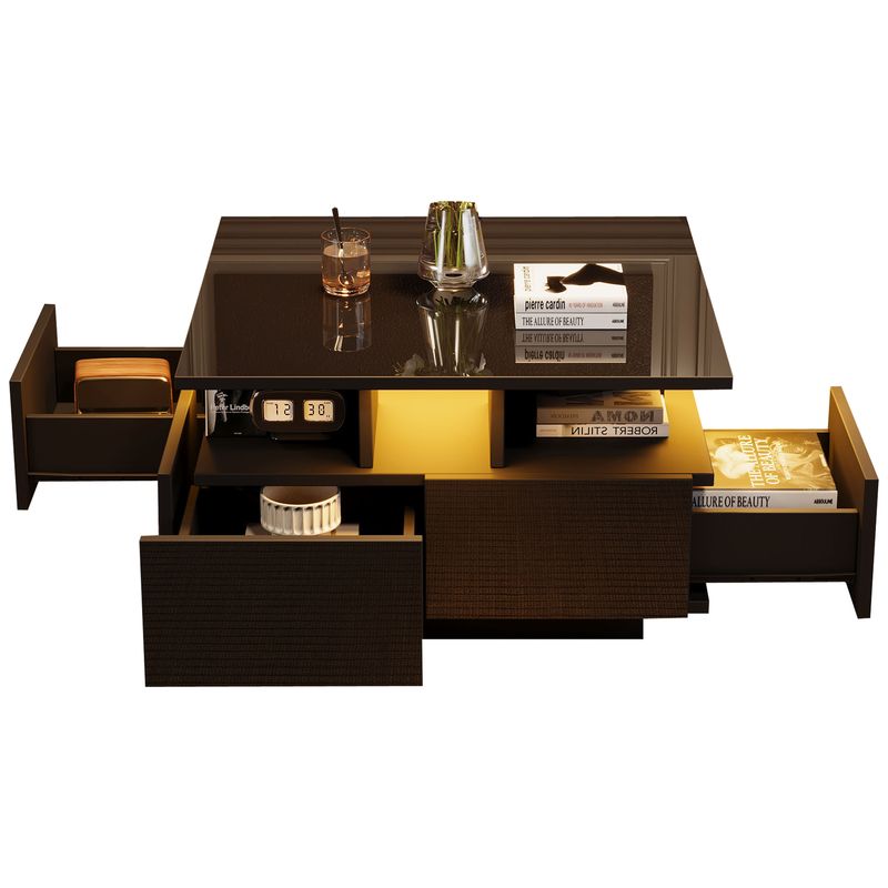 Table basse de salon noire brillante 70 x 70 x 40 cm avec éclairage LED, table d'appoint à 4 tiroirs, design géométrique, capacité de charge de 30 kg._voghion.com