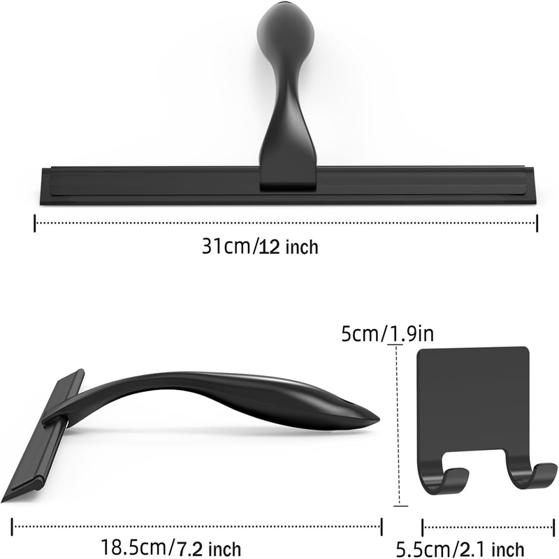 12" Black Stainless Steel Bathroom Squeegee With Square Anti-Decoupling Efficiently Cleans Shower Glass Doors, Tile Walls, Floors, Car Windows_voghion.com