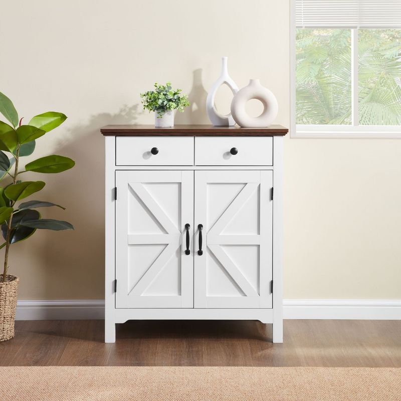Farmhouse Buffet Cabinet With Drawer And Adjustable Shelf, Rustic White & Honey Brown Storage Cabinet, Barn Door Accent Sideboard For Kitchen, Living Room, Entryway_voghion.com