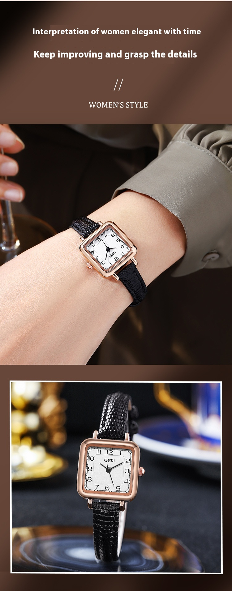 Gedi GEDI ultra-thin small square student gift light luxury niche minimalist digital quartz belt watch_voghion.com