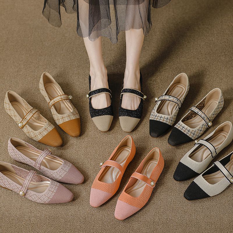 Spring And Autumn Princess One-Strap Mary Jane Women's Knitted Square Toe Flat Casual Shoes_voghion.com