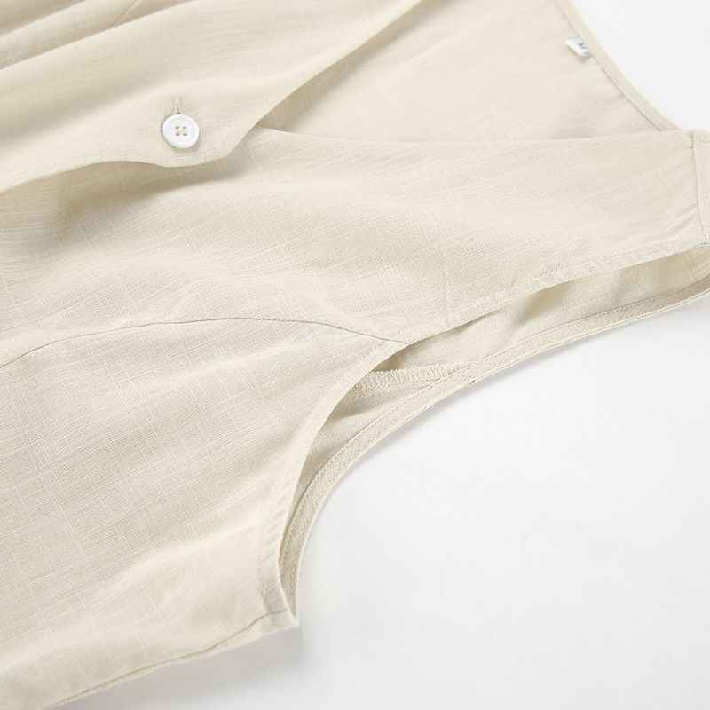 Traje informal de dos piezas de estilo europeo y americano, con cuello en V, sin mangas, de algodón y lino, color caqui francés, 2025_voghion.com