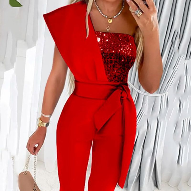 Damnyhet i enfärgad ärmlös bälte dekorerad jumpsuit slim fit skarvning paljetter dambyxor_voghion.com