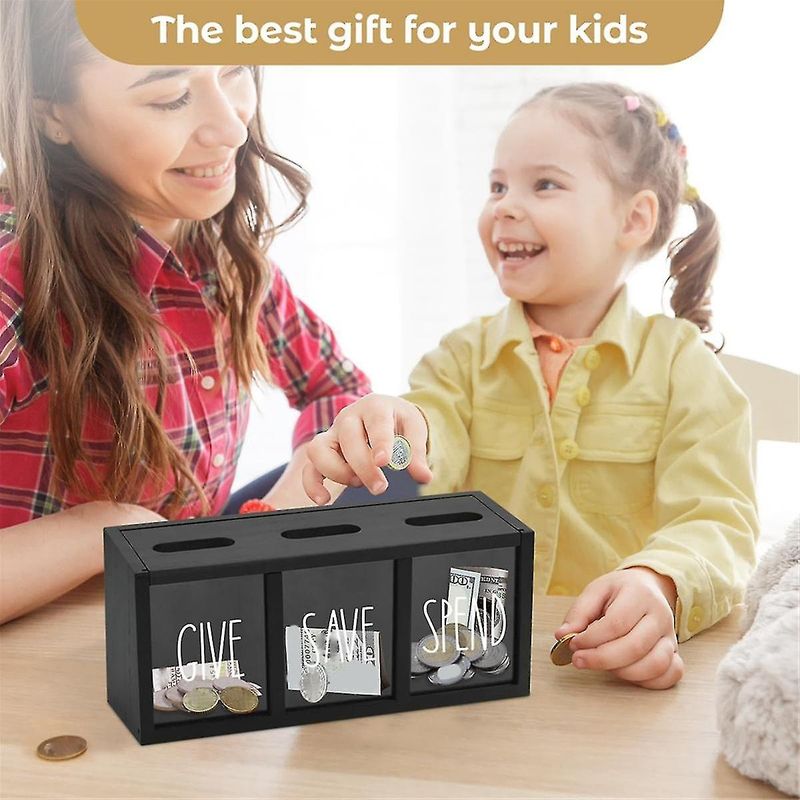 Wooden Give Save Spend Money Saving Box for Kids, Countertop Kid Piggy Bank for Daily Cash, Wall-Mo_voghion.com