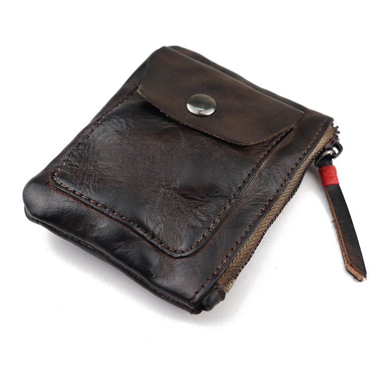 Leather Vegetable Tanned Leather Driving License Zipper Light-Weight Thin Simple Pleated Large-Capacity Coin Purse Card Holder_voghion.com
