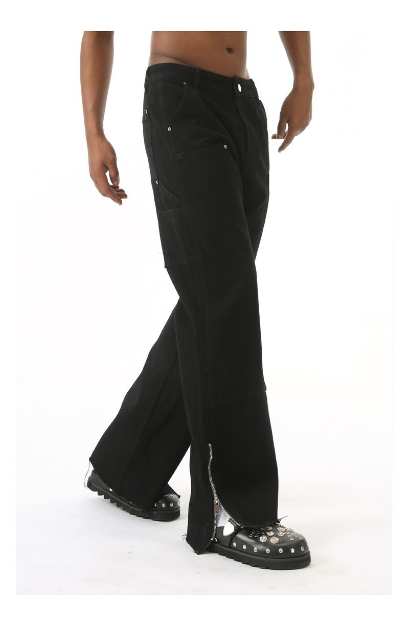 Herrenbekleidung High Street Raw Edge Seitlicher Reißverschluss Design Leicht ausgestellte Jeans mit weitem Bein_voghion.com