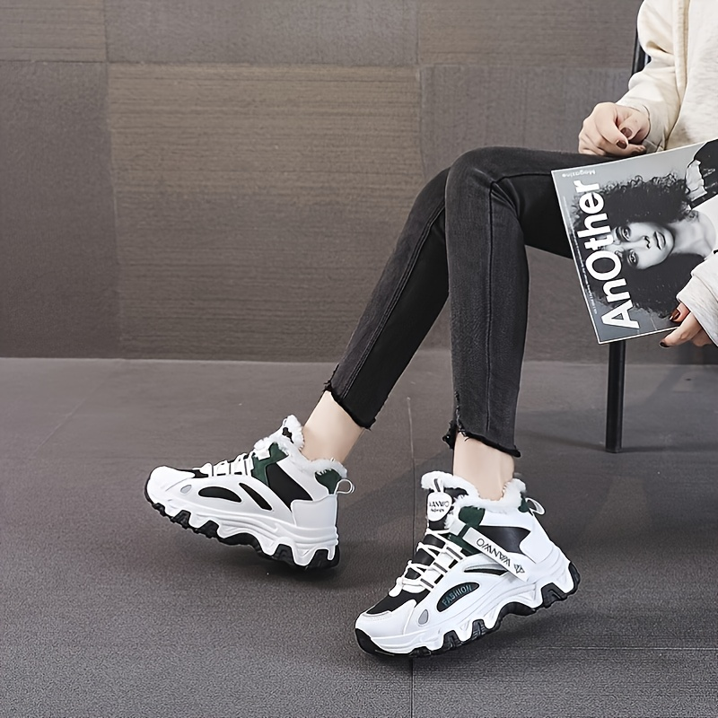Scarpe da ginnastica casual da donna, scarpe da ginnastica robuste con suola spessa color block, scarpe da corsa antiscivolo foderate in peluche caldo_voghion.com