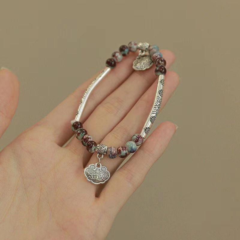 Bracelet tissé à la main en perles de céramique chinoises anciennes pour femme, léger et luxueux, style ethnique_voghion.com