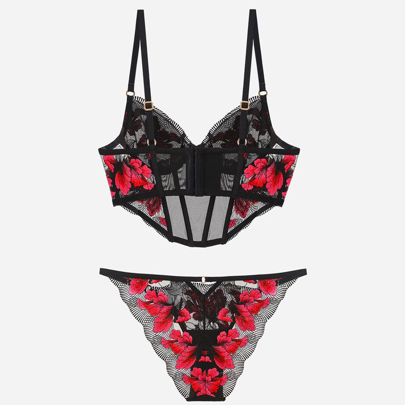 Women's Intimates Fishbone Ins Gather Small Chest To Show Big Anti Drooping High Quality Embroidered Eyelash Underwear 2 Piece Set_voghion.com