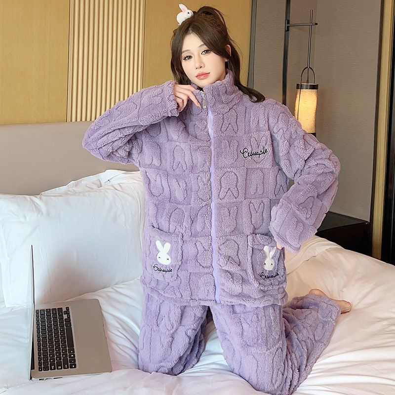 Flannel sleepwear for women in winter 2023, sweet cardigan, long sleeved pants, plus size 230 pounds, chubby MM home_voghion.com