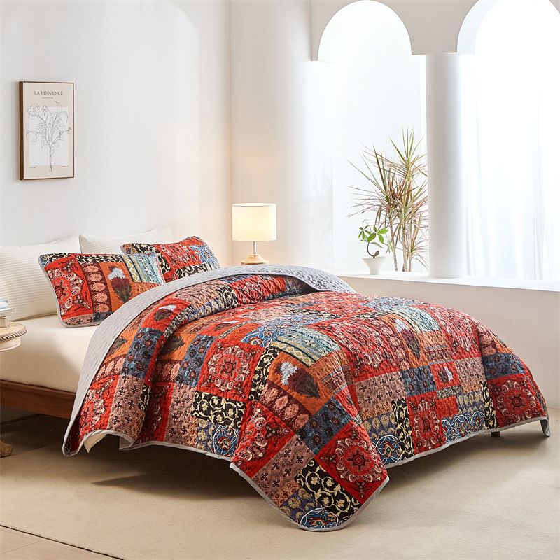 Zestaw narzut na łóżko w kwiaty w stylu boho – 3-częściowa, dwustronna poszewka na kołdrę (certyfikat OEKO-TEX®, nadruk cyfrowy) do sypialni w stylu boho i nowoczesnym stylu rustykalnym_voghion.com