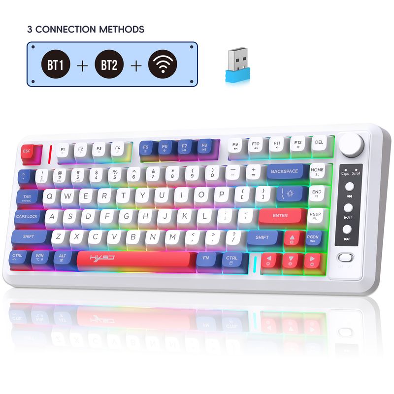 Three Mode Bluetooth Wireless Thin Film Keyboard Double Color Ball Cap 81 Keys Rechargeable Flashing Office Game Keyboard Spot_voghion.com