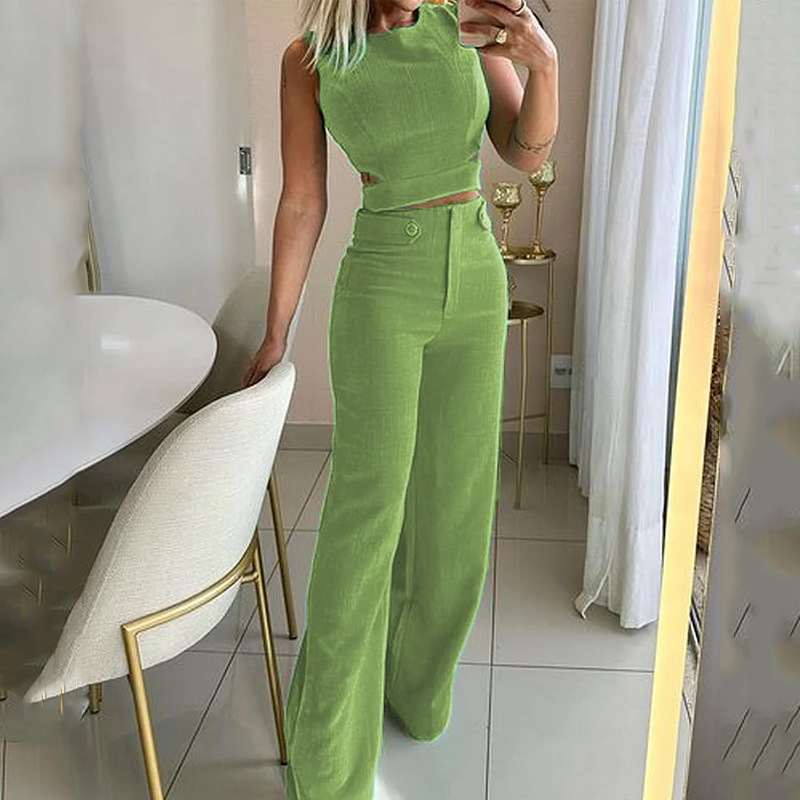 Kadın moda rahat ince mizaç düz renk düğmeli takım elbise pantolonu_voghion.com