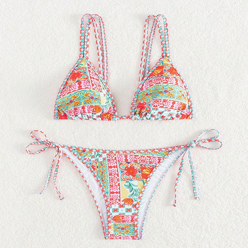 Traje de baño de bikini sexy con tirantes estampados nuevo traje de baño dividido con cordones de gama alta para mujer_voghion.com