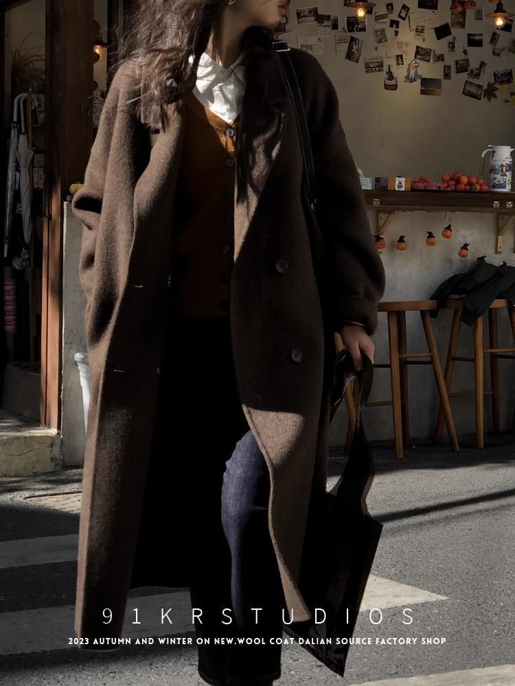 Damenbekleidung Braun Hochwertiger doppelseitiger Wollmantel Neuer Mantel im koreanischen Stil Verdickter Herbst- und Wintermantel Mittlere Länge_voghion.com
