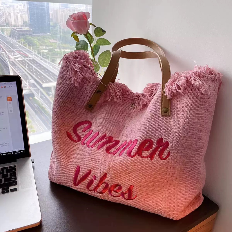 Canvas Women's Bags, Canvas Embroidered Monogrammed Tote Bags, Women's Woven Beach Bags, Shoulder Bags Handbags_voghion.com