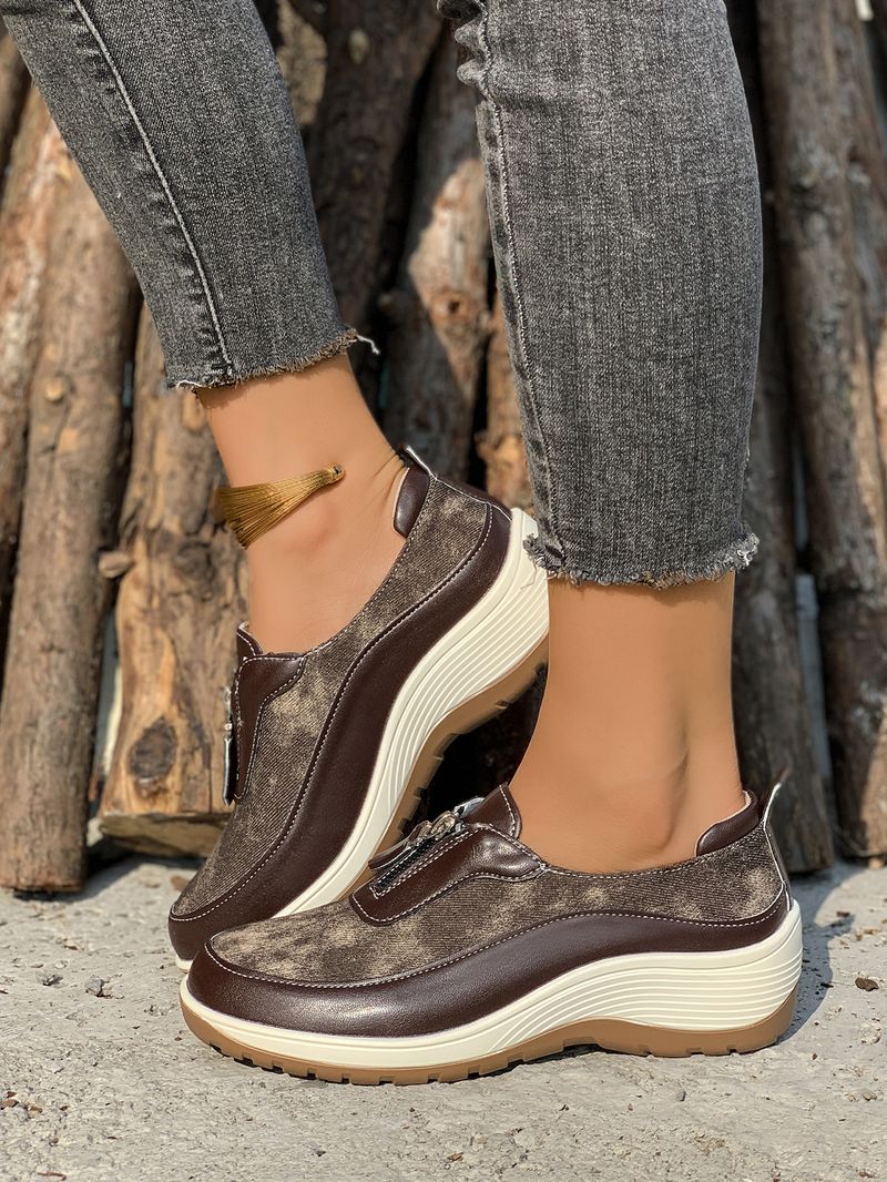 Damenschuhe große Freizeitschuhe farblich passende Leopardenmuster Keilabsatz dicke Sohle runde Zehen Slip-On-Schuhe_voghion.com