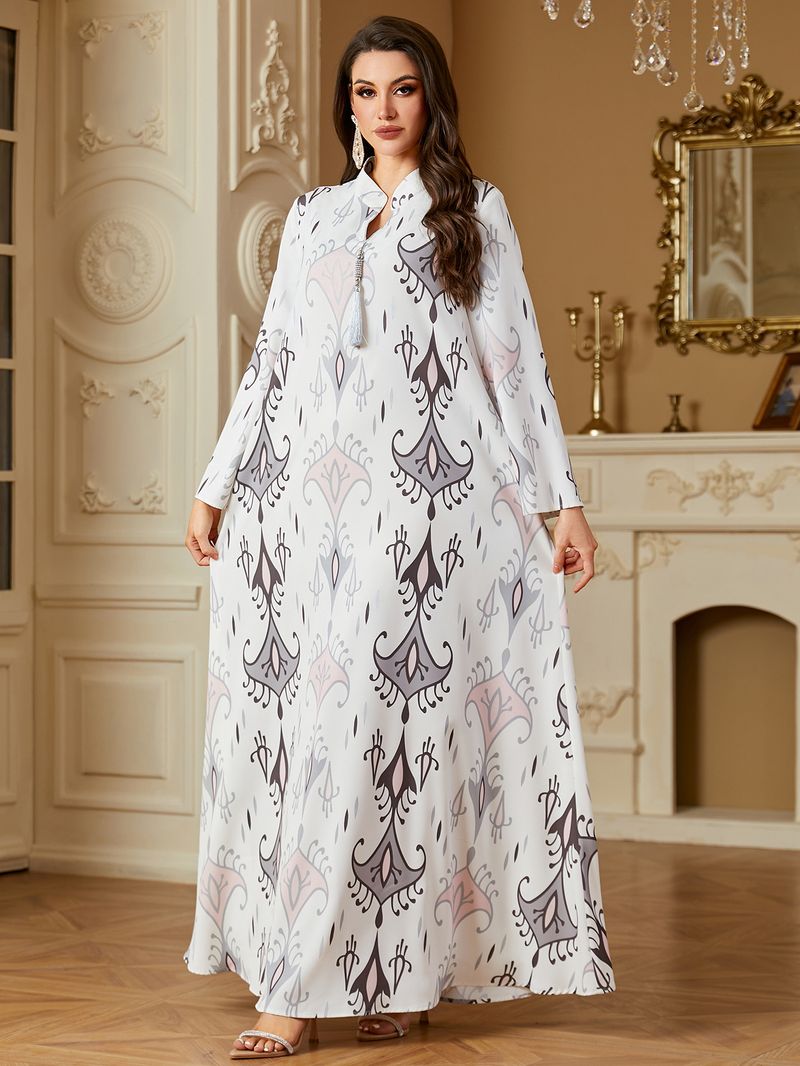 Elegant Digital Print Muslim Abaya Dress For Women - Modest Long Sleeve Maxi Dress With Silver Pendant Detail, Polyester Fabric, Available In White_voghion.com