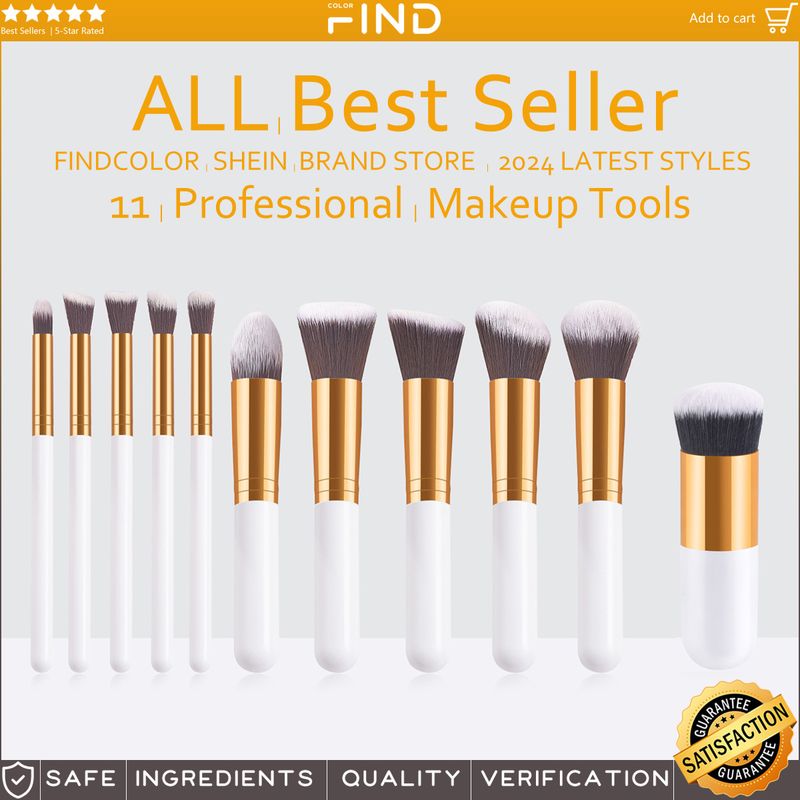 Ensemble de 11 pinceaux de maquillage couleur champagne : 5 grands et 5 petits pinceaux, dont un pinceau à fond de teint épais unique._voghion.com