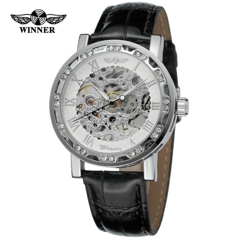 Men's Fashion Skeleton Mechanical Watch With Rhinestones - Hand-Winding Luxury Timepiece, 40mm Leather Strap, Stainless Steel Buckle_voghion.com