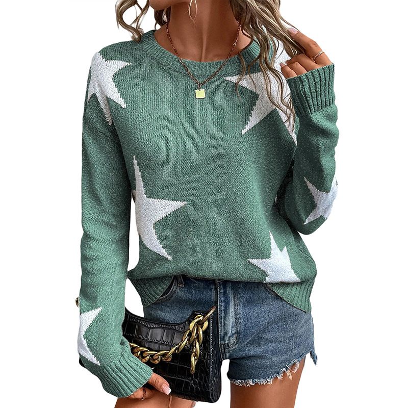 Fashionable Warm Drop Shoulder Knitted Pullover 2025 Winter New Star Pattern Round Neck Sweater For Women_voghion.com