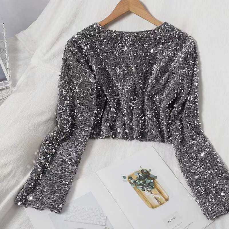 Top da donna con paillettes alla moda Temperamento T-shirt a maniche lunghe rivelatrice con vita corta versatile con paillettes_voghion.com