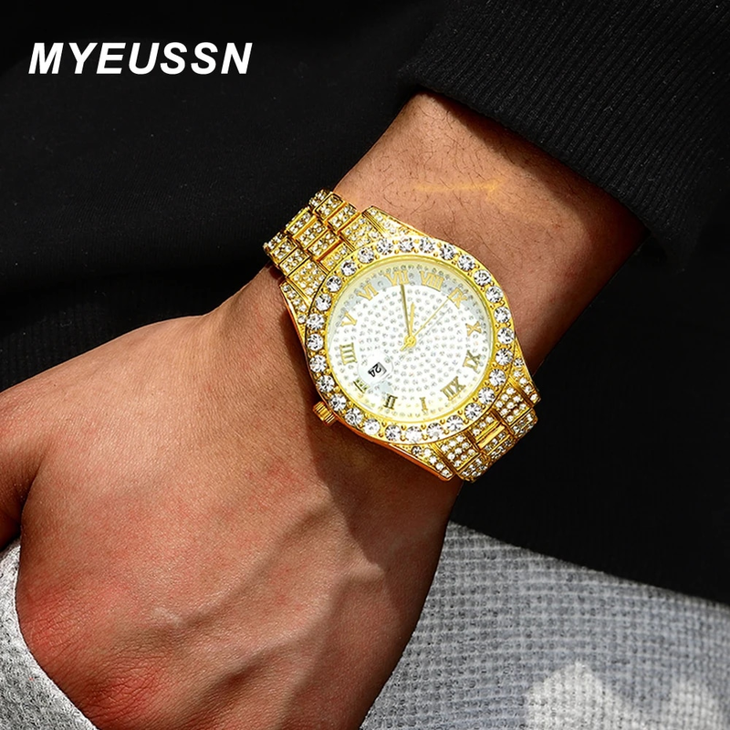 Moške diamantne bleščeče kvarčne ure Nakit Modna ročna ura zlate barve Ura Hip Hop Moške ure Darilo_voghion.com