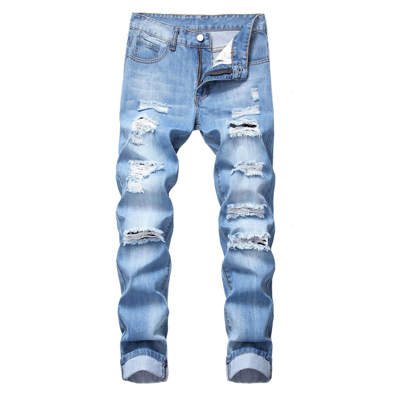 Men's Clothing Men's Ripped Hole Straight Slim Non Stretch Jeans Multi Tattered Men's North Trousers_voghion.com