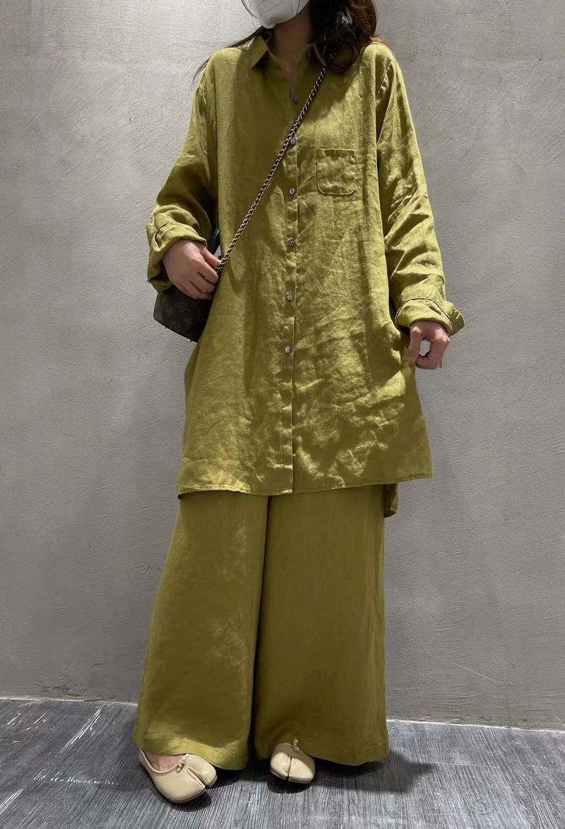 Damenbekleidung, Leinen, einfarbig, mittellanges Anzughemd + Freizeithose, lässiges All-Match-High-End-Shirt für Damen_voghion.com
