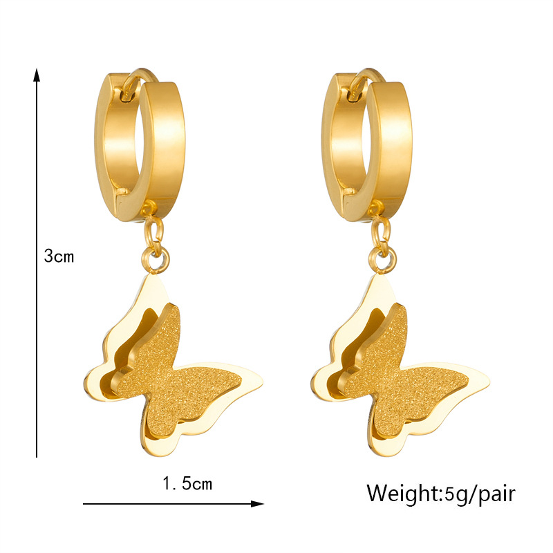 European and American niche fashion simple gold-plated retro butterfly pendant titanium steel versatile earrings_voghion.com