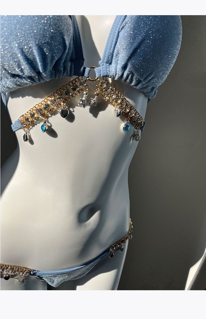 Women's Clothing Diamond Chain Pure Desire Style Strap Triangle Bikini Three Point Ins Sexy Holiday Swimsuit_voghion.com