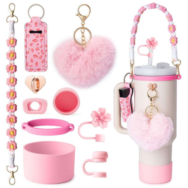 Topper in paglia intrecciata floreale con grazioso portachiavi a pompon e ciondolo a forma di cuore - Compatibile con bicchieri da 30 oz/40 oz - Elegante coperchio per bevande e tappo a cannuccia_voghion.com