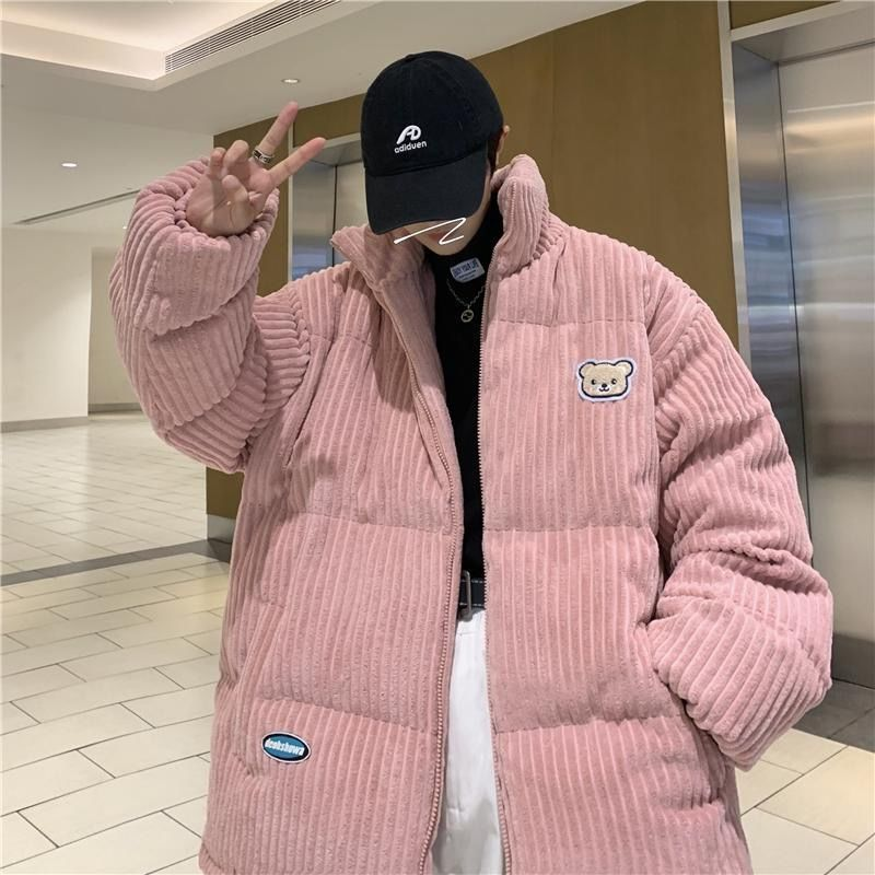 Corduroy cott men's new embroidered bear winter jacket with cotton thickening trend label, handsome couple_voghion.com