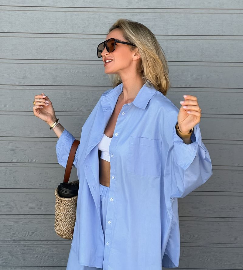 completo casual da donna, camicia blu a maniche lunghe allentata, pantaloni a gamba larga, set di due pezzi_voghion.com