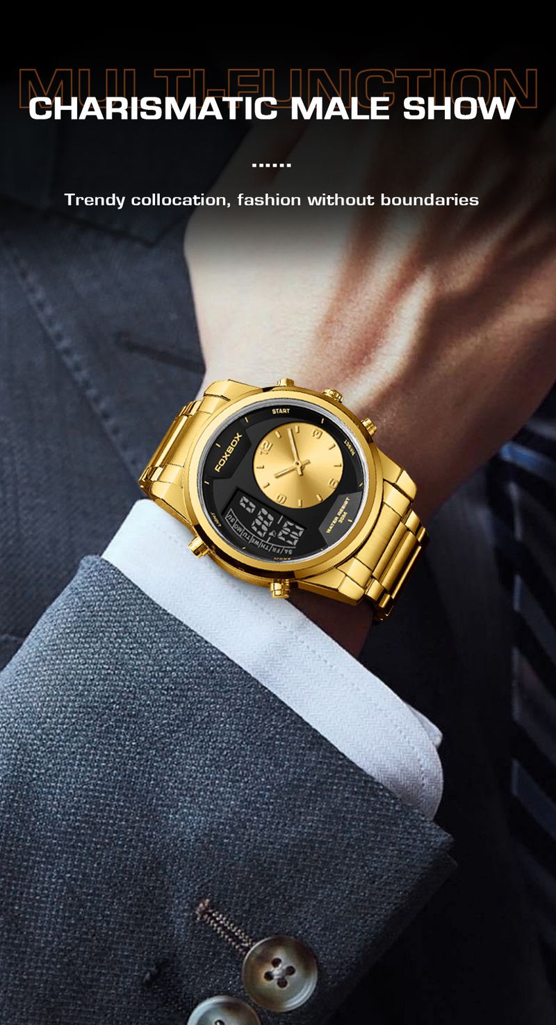 Men's Waterproof Luminous Analog Digital Watch With Alarm Chronograph, Stainless Steel Band, Mineral Glass, 43mm Round Case_voghion.com