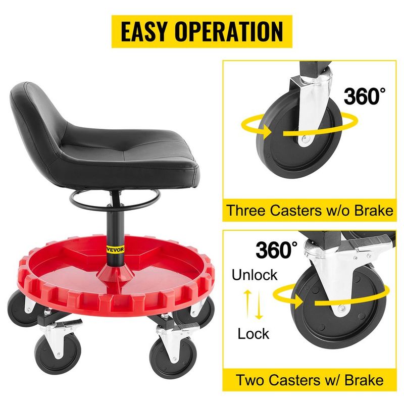 VEVOR Shop Stool, 300 LBS Rolling Garage Stool, 18' To 23' Adjustable Height Mobile Rolling Gear Seat, Round Tray Garage Pneumatic Stool, All-Terrain 5\" Casters With Two Brakes Mechanic Seat_voghion.com