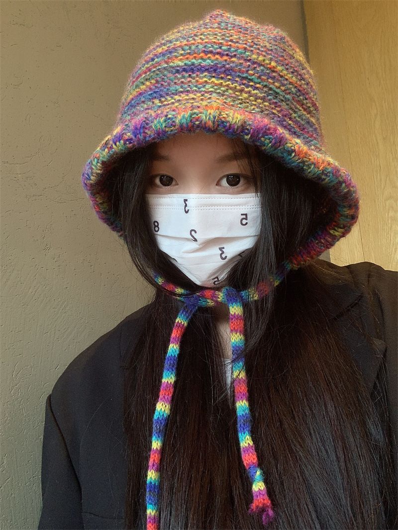 Rainbow gradient ethnic style woolen for women, cute ear protection in autumn and winter, small face, warm drawstring_voghion.com