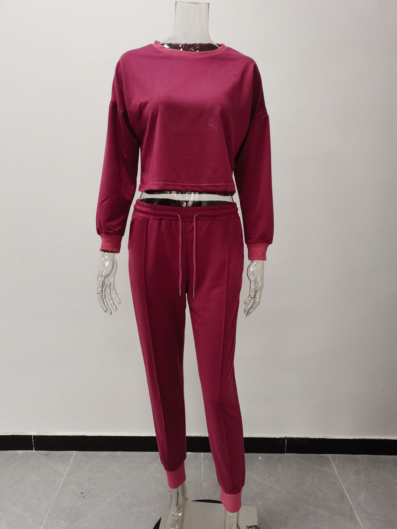 2021 Herbst Winter Neue Damenmode Einfarbig Langarm Jogginghose Zweiteiliges Sport-Casual-Set_voghion.com