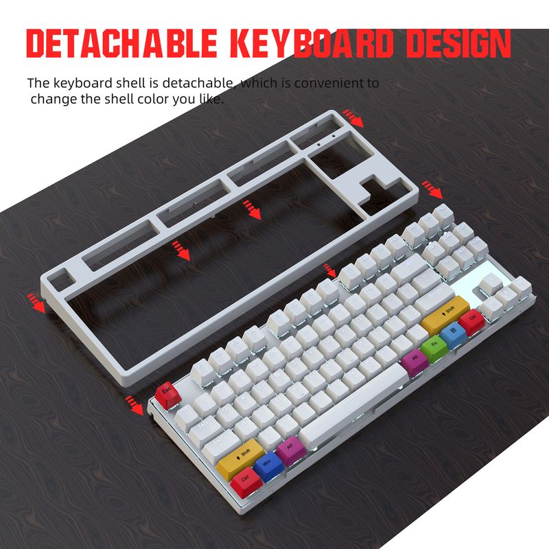 Teclado mecânico Red Axis com fio de 87 teclas para eSports e escritório, com mais de 20 tipos de teclados para jogos com ponto de luz branca que podem ser desconectados e conectados._voghion.com