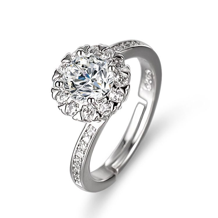 Bague ronde en diamant pour femme avec petite fleur incrustée et micro-simulation d'un carat_voghion.com