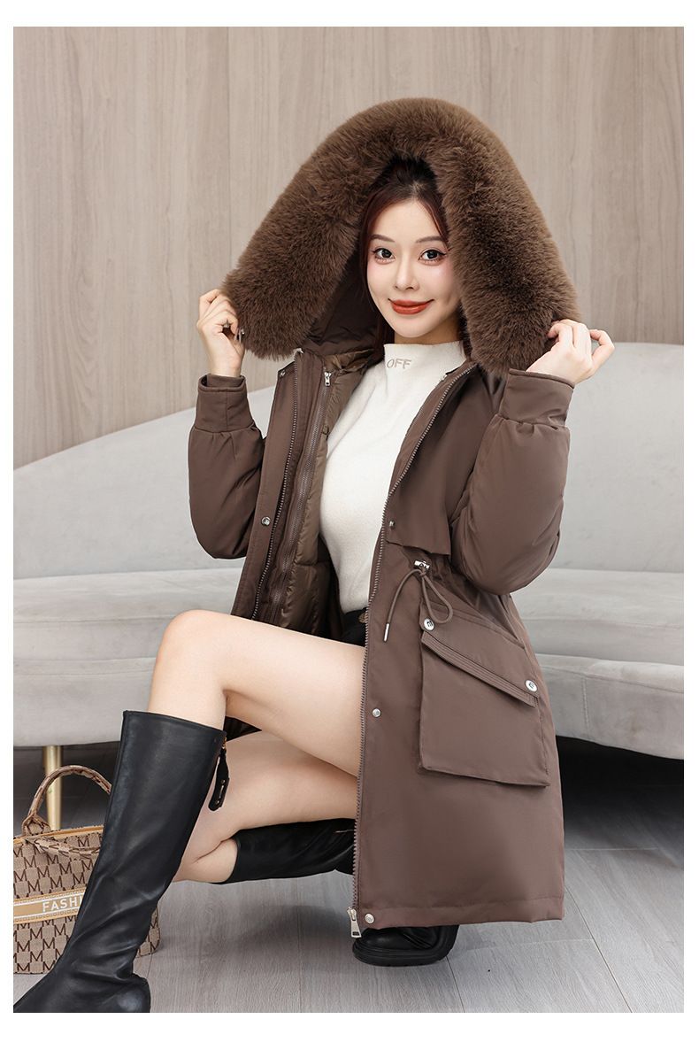 Women's Parka Coat With Detachable Faux Fur Hood, Mid-Length Winter Jacket For Ladies, Warm Quilted Polyester Outerwear With Rabbit Fur Trim_voghion.com