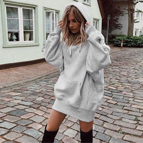 Women's solid color hooded loose long-sleeved padded women's sweatshirt_voghion.com