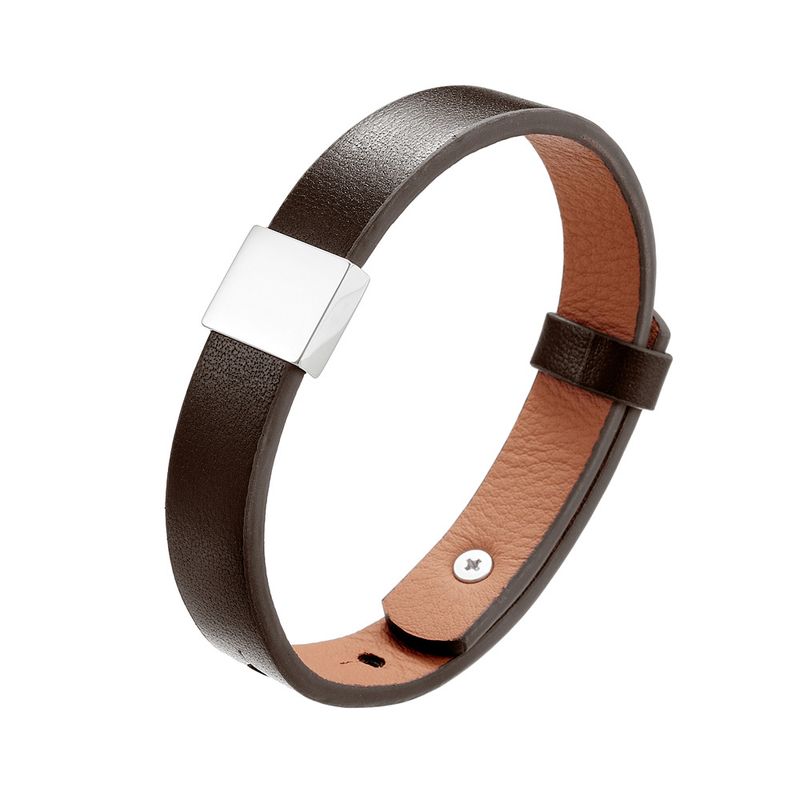 Unisex Genuine Simple Stainless Steel Smooth Surface Customizable Engraving Cowhide DIY Leather Bracelet_voghion.com