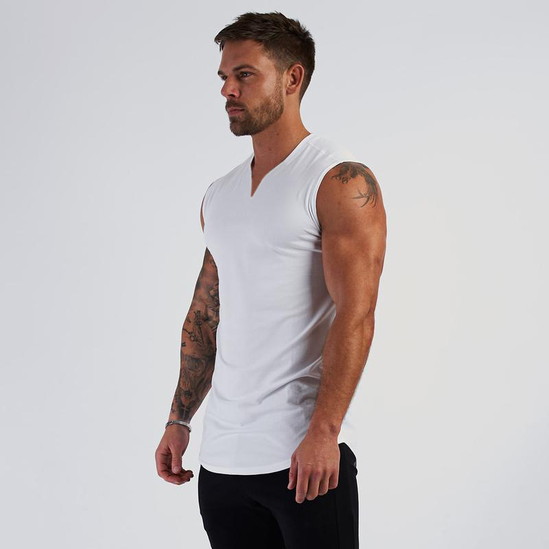Slät tallrik Solid Summer Liten V-halsad sportlinne för män Fitness Ärmlös T-shirt Löpträningströja Bomull_voghion.com