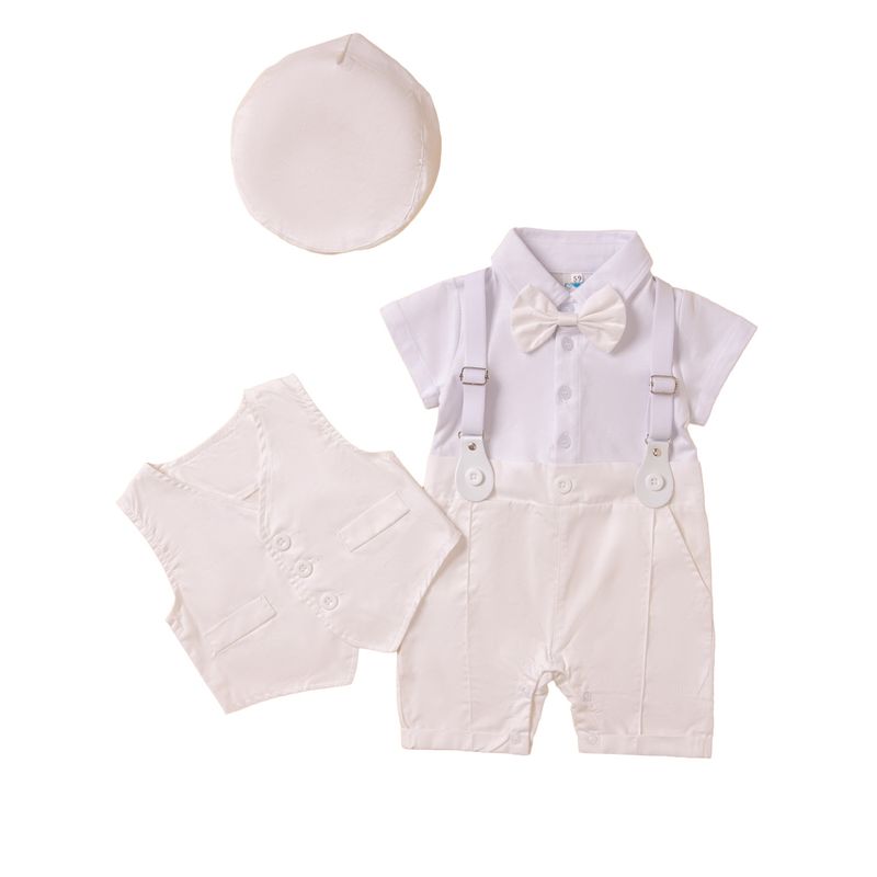 SAMGAMI BABY Ensemble trois pièces pour garçon, version coréenne, barboteuse à manches courtes, gilet et chapeau, blanc, nœud papillon, bretelles_voghion.com