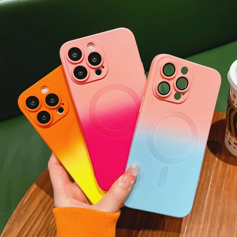 Blødt silikone-etui i gradueret farve til iPhone 14 13 12 11 15 Pro Max Plus. Til Magsafe Fashion trådløst opladningscover._voghion.com