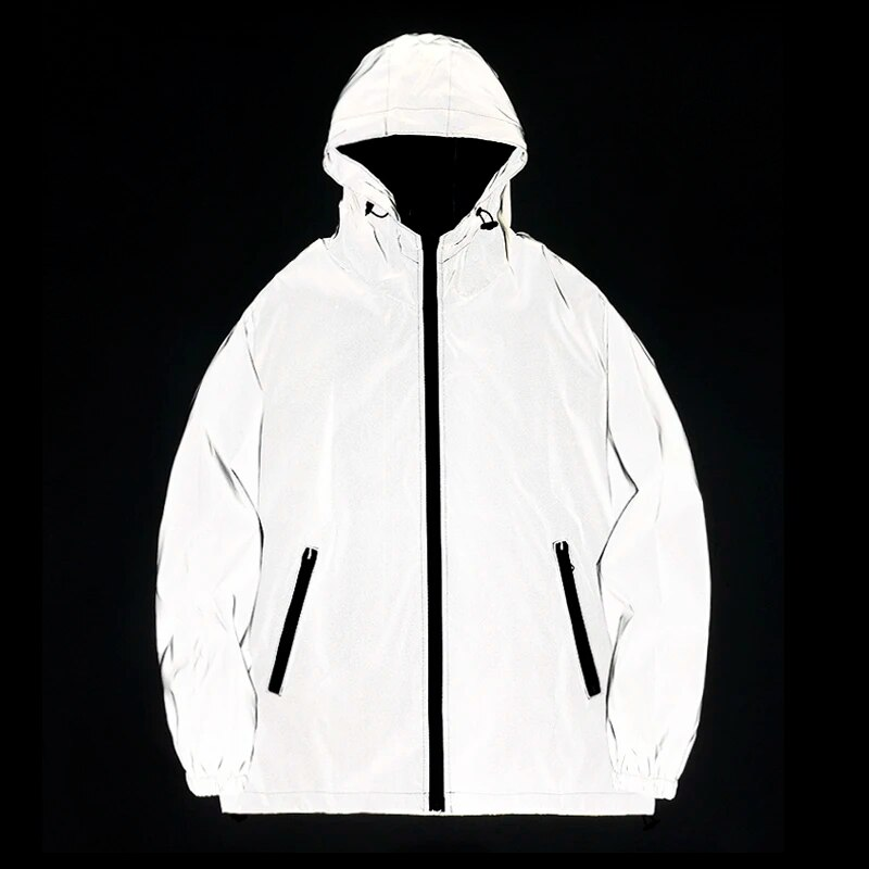 NUOVE TAGLIA Giacche riflettenti notturne in doppio tessuto Giacca a vento con cappuccio Uomo Hip Hop Ballerino Impermeabile Cerniera Cappotti Capispalla_voghion.com
