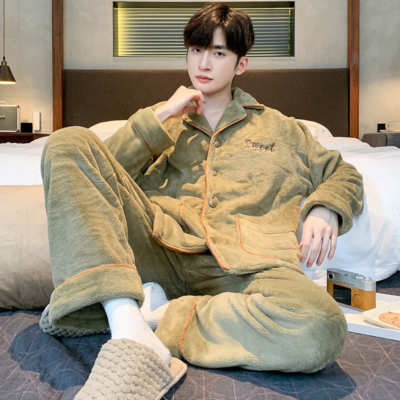 Men's sleepwear, men's with thick coral fleece, autumn and winter 2024 flannel home suit set_voghion.com