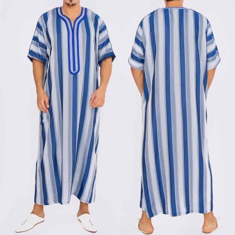 Vestido de roupão listrado de manga curta masculino Oriente Médio Thobe Arábia Saudita Kaftan Roupa tradicional muçulmana_voghion.com