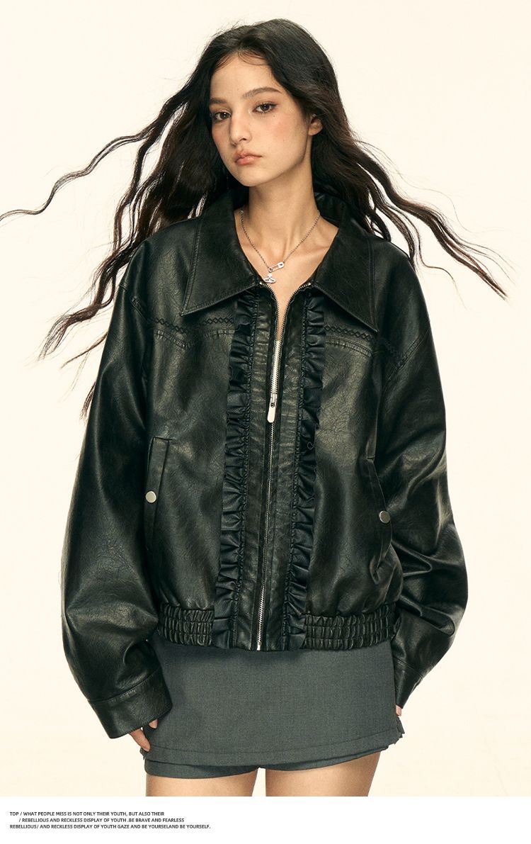 Aaisup American Style Solid Color Leather For Women Early Autumn New Design Sense Ruffled Edge Versatile Casual Jacket_voghion.com